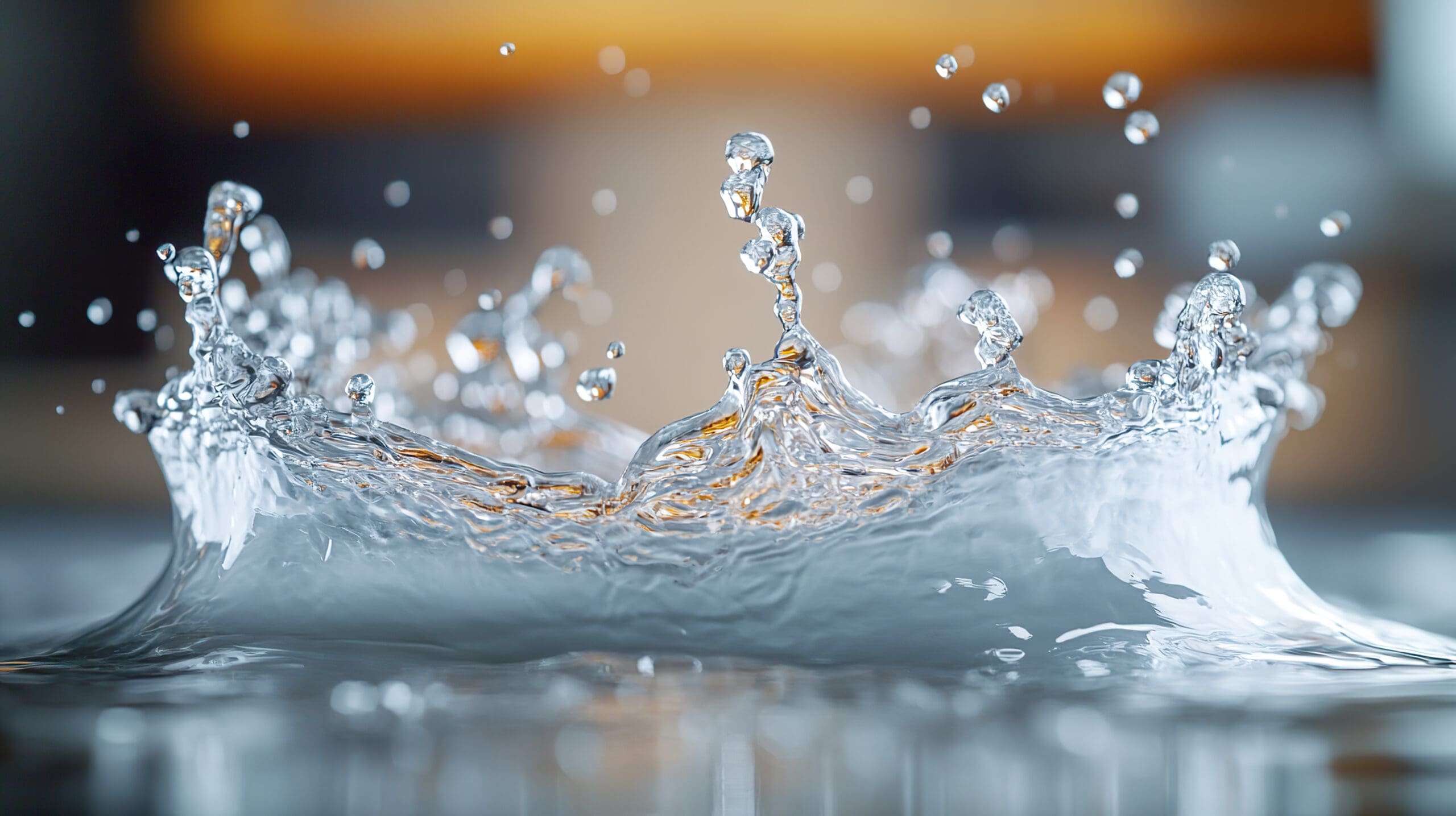 Close-up of a water splash captured mid-air with droplets suspended above a reflective surface. The background is softly blurred, highlighting the dynamic motion of the splash.