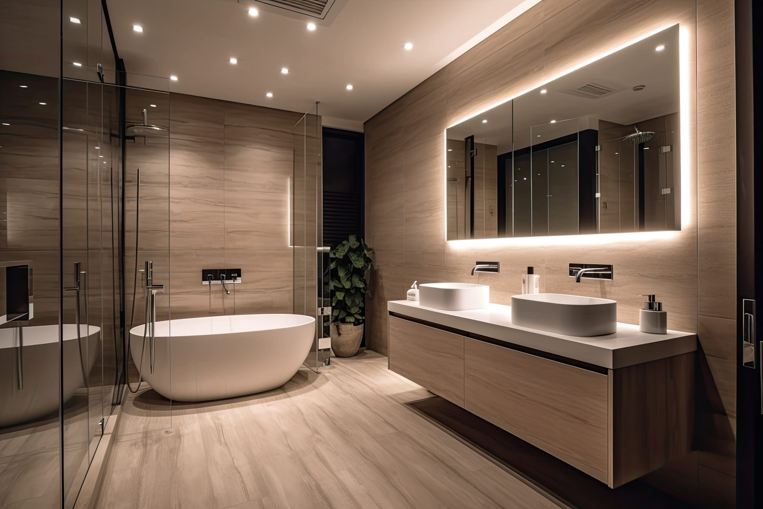 A modern bathroom featuring a freestanding bathtub, double sinks with a large backlit mirror, and a glass-enclosed shower. The space is elegantly lit with recessed ceiling lights, and a potted plant adds a touch of greenery.