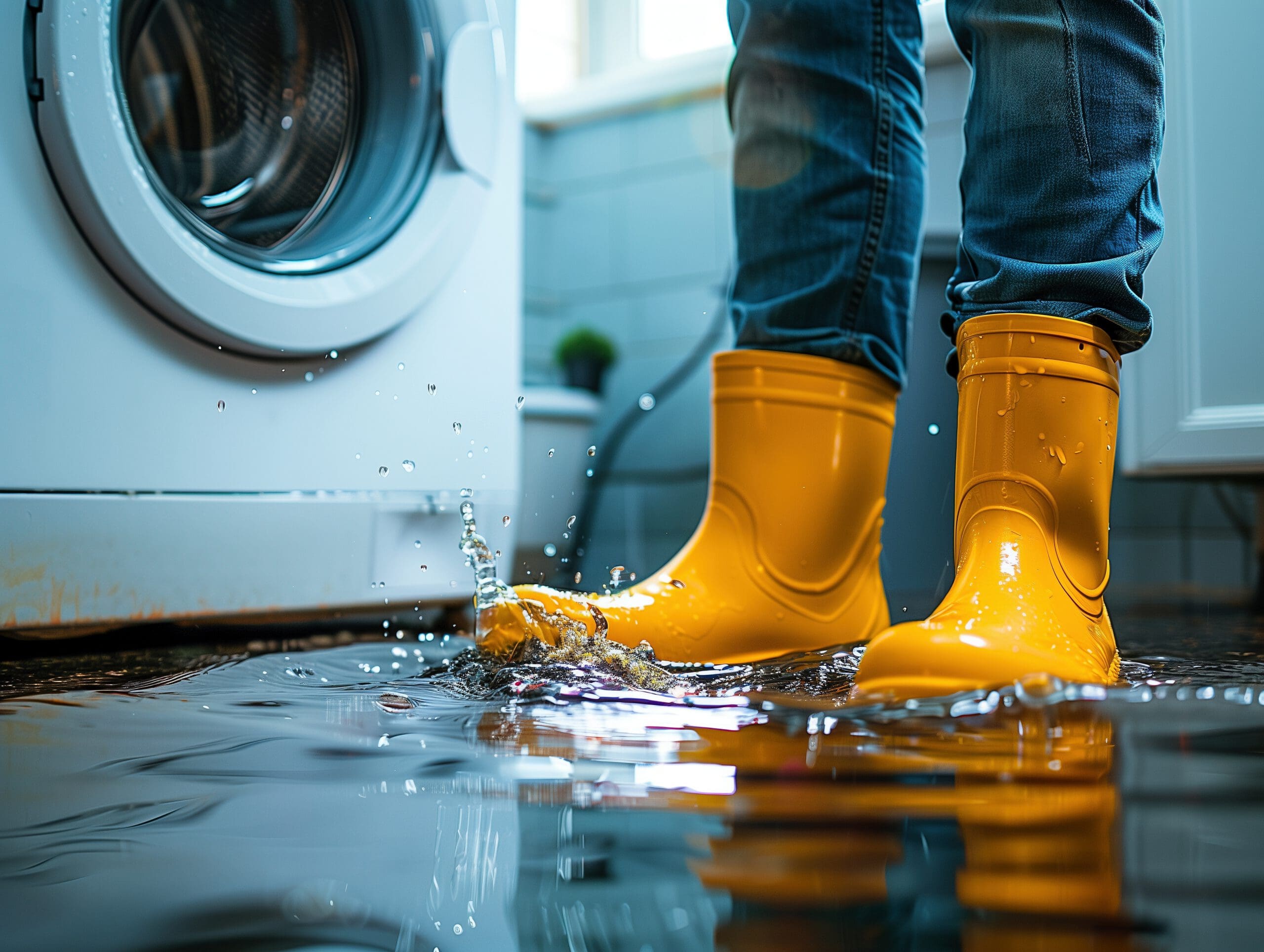 Person wearing bright yellow rain boots stands in a flooded laundry room, near a washing machine. Water splashes around their feet, reflecting light and creating ripples. Jeans are visible, and the scene conveys a household water leak.