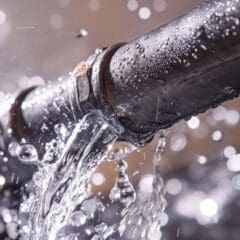 A close-up of a leaking metal pipe with water gushing out. Droplets splash around the pipe, and bright bokeh effects are visible in the background. The pipe appears worn and wet.