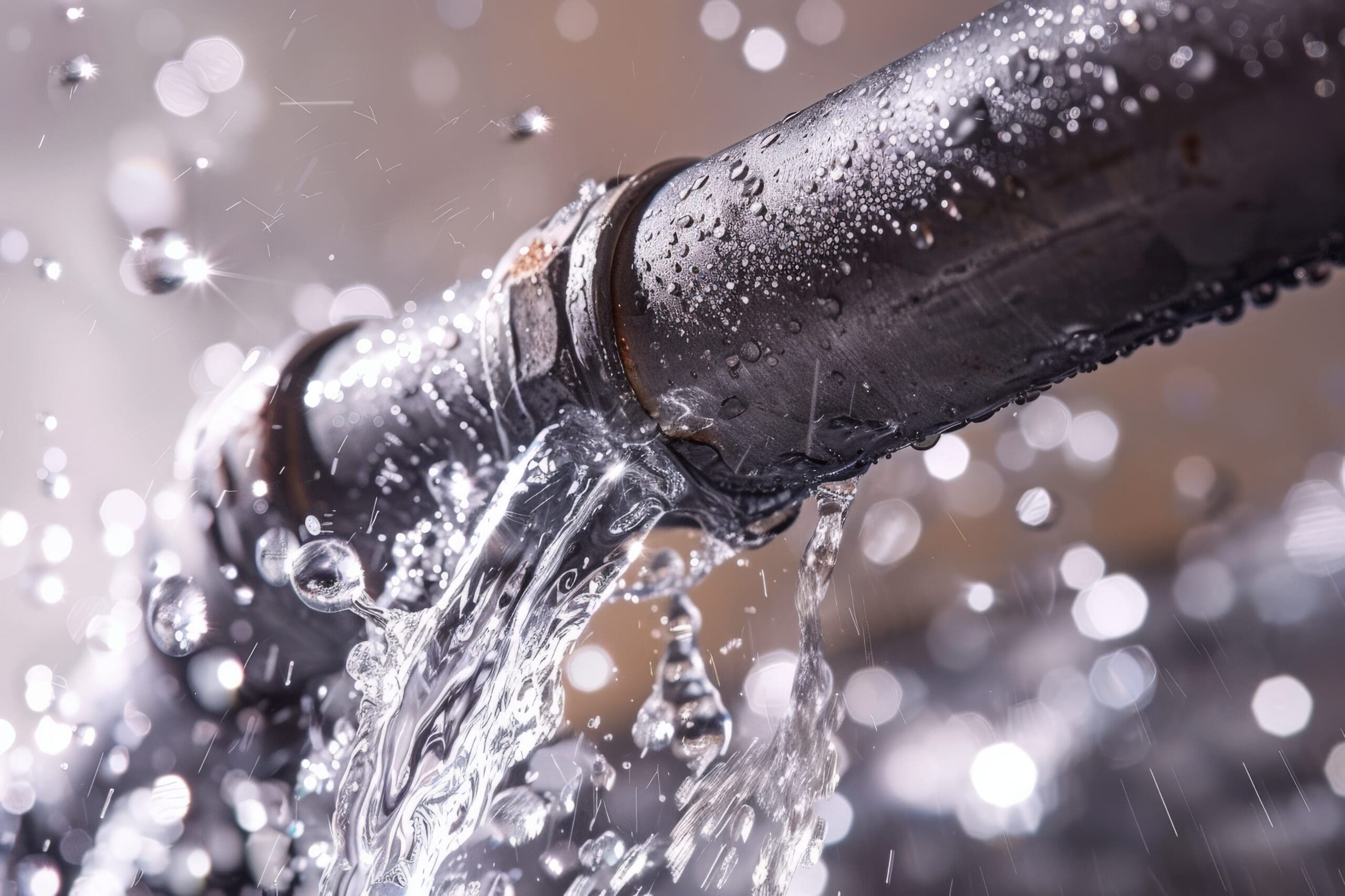 A close-up of a leaking metal pipe with water gushing out. Droplets splash around the pipe, and bright bokeh effects are visible in the background. The pipe appears worn and wet.