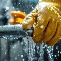 Close-up of a person wearing yellow rubber gloves tightening a leaking metal pipe with water splashing out. The gloved hands grip a wrench, focusing on the repair process amidst droplets of water.