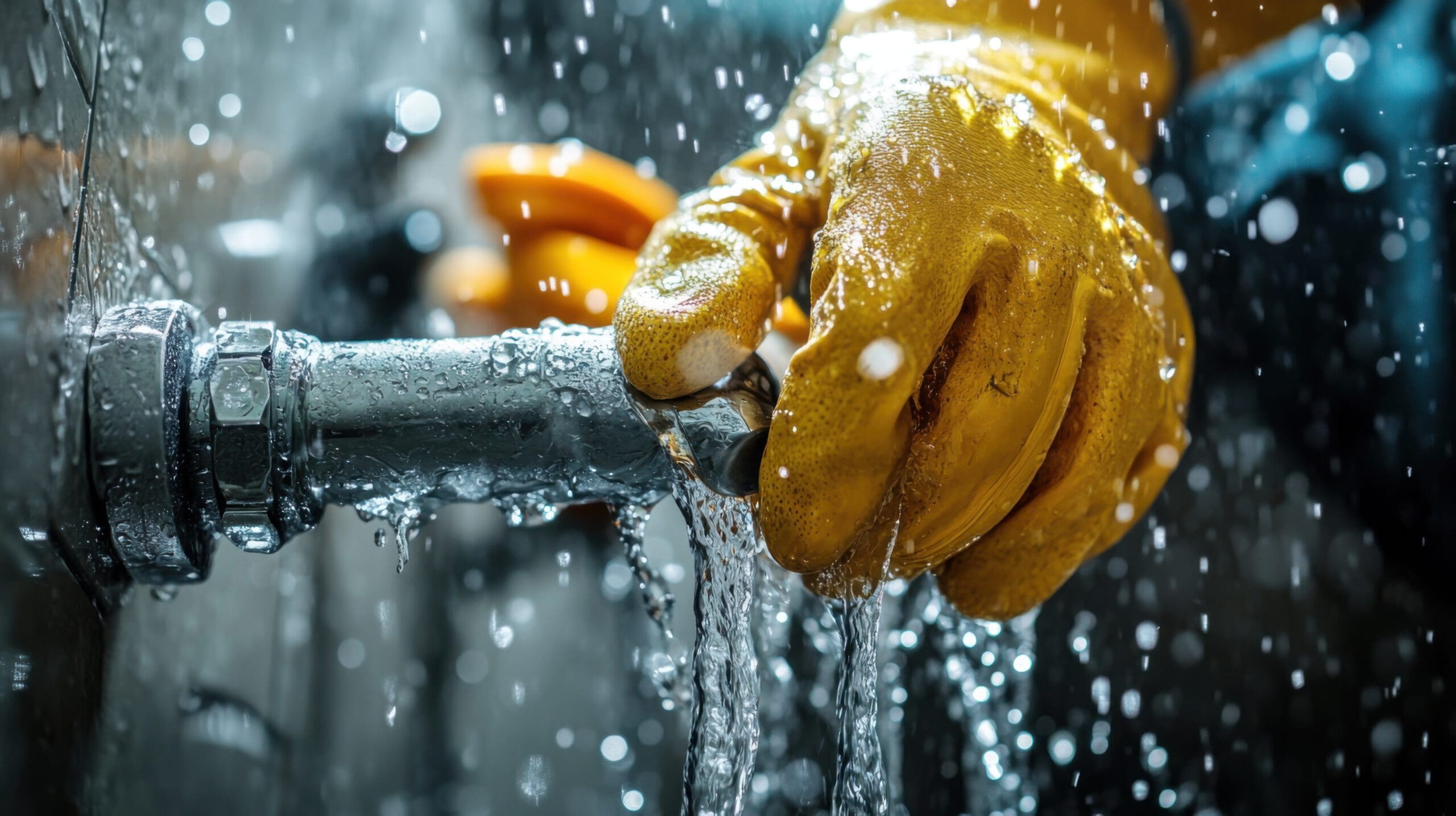 Close-up of a person wearing yellow rubber gloves tightening a leaking metal pipe with water splashing out. The gloved hands grip a wrench, focusing on the repair process amidst droplets of water.