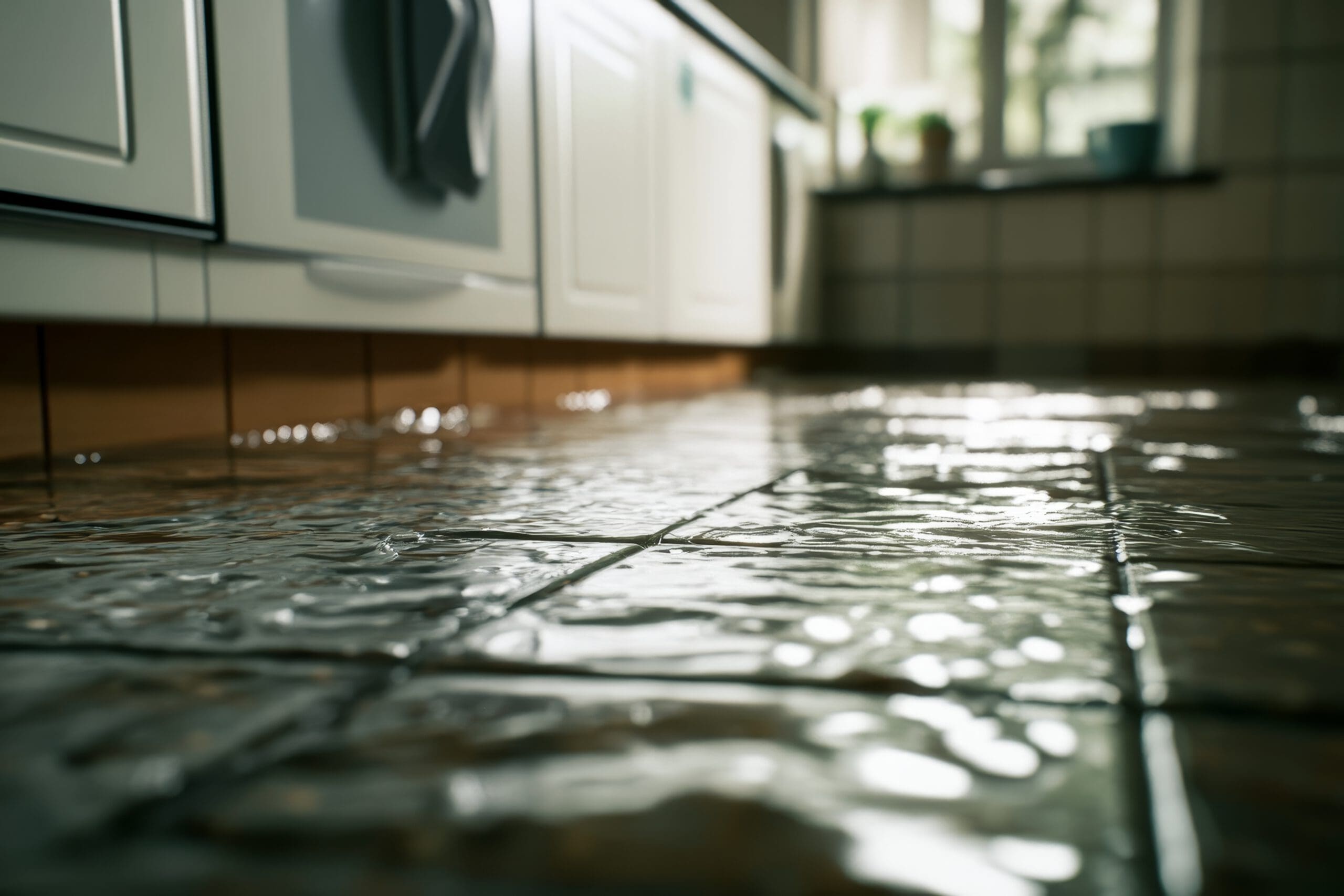 A kitchen floor is flooded with water, reflecting light. White cabinets and appliances are visible along the wall, with a window in the background letting in natural light. Potted plants are on the windowsill.