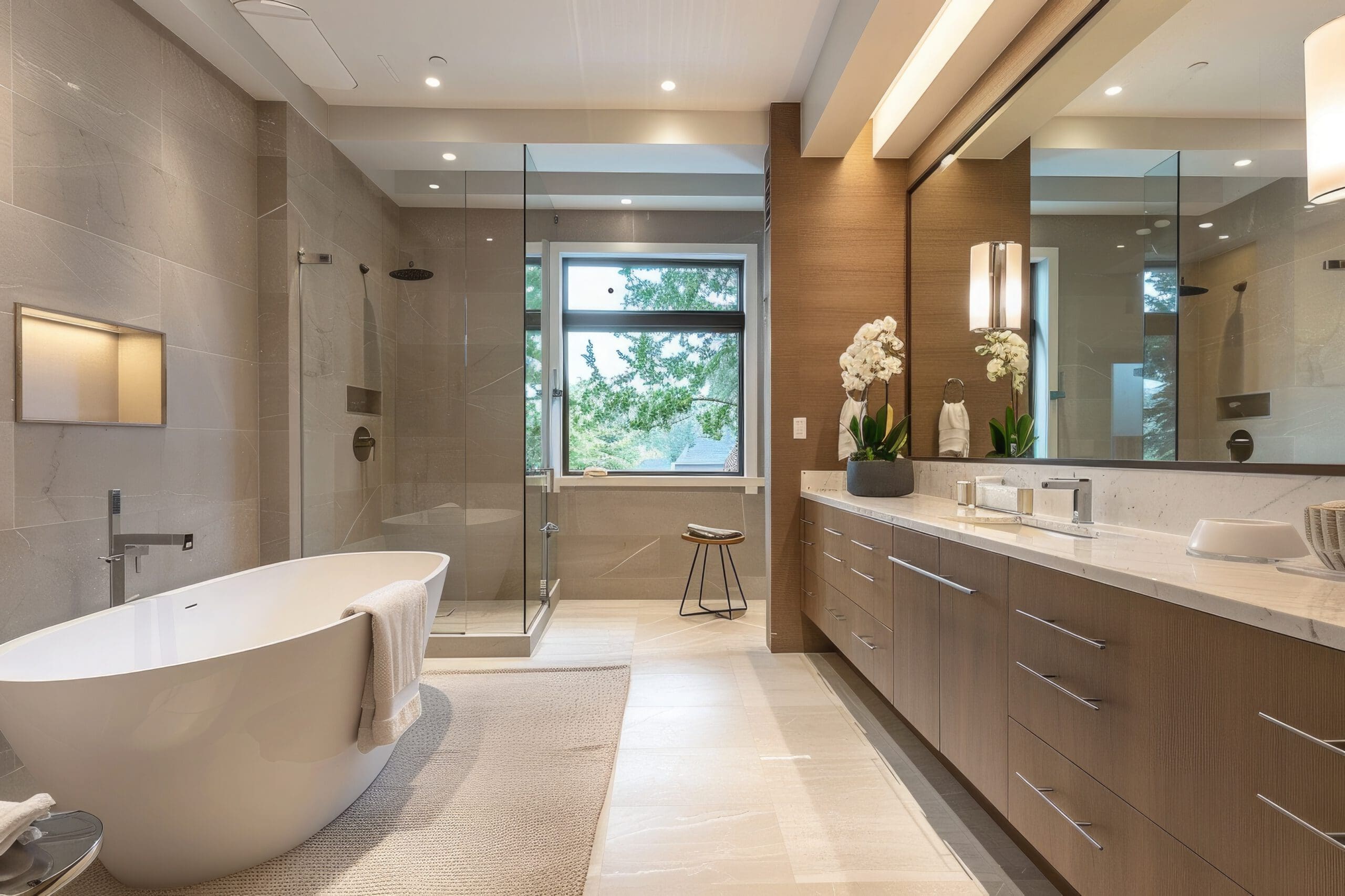 A modern bathroom with a freestanding white bathtub, a large glass shower, and a wooden vanity with double sinks. Natural light streams through a window, illuminating the neutral-toned space. Potted orchids sit on the counter for decoration.