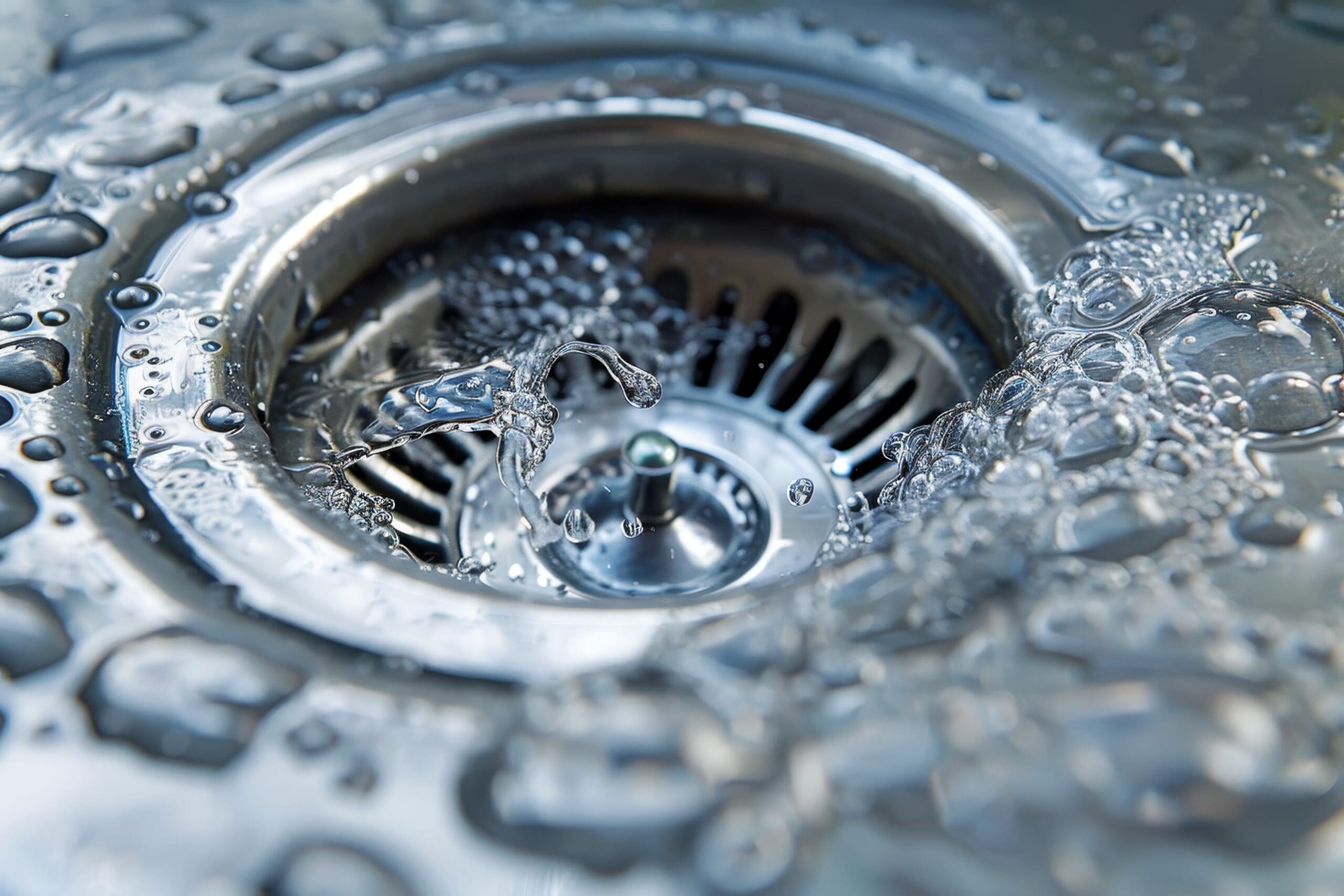 Close-up of water swirling into a stainless steel sink drain, with droplets splashing around the edges. The metallic surface reflects light, creating a shiny effect.