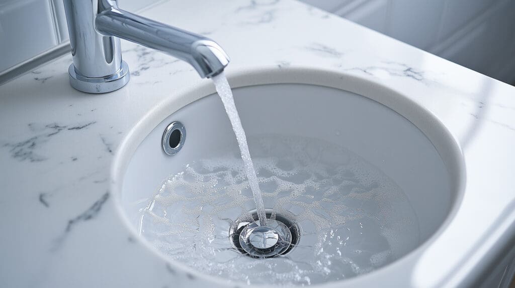 A close-up of a modern bathroom sink with a silver faucet. Water is flowing from the faucet into the white marble sink basin, creating swirling patterns. The countertop is smooth and also made of marble.