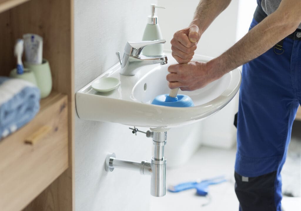 A person in blue pants uses a plunger on a white bathroom sink. A soap dispenser and dish are on the sink. Bathroom items are on a shelf nearby, and a tool is on the floor.